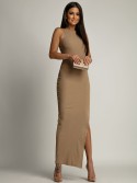 Fitted basic dress with a cutout on the back, beige FG669 - Online store - Boutique